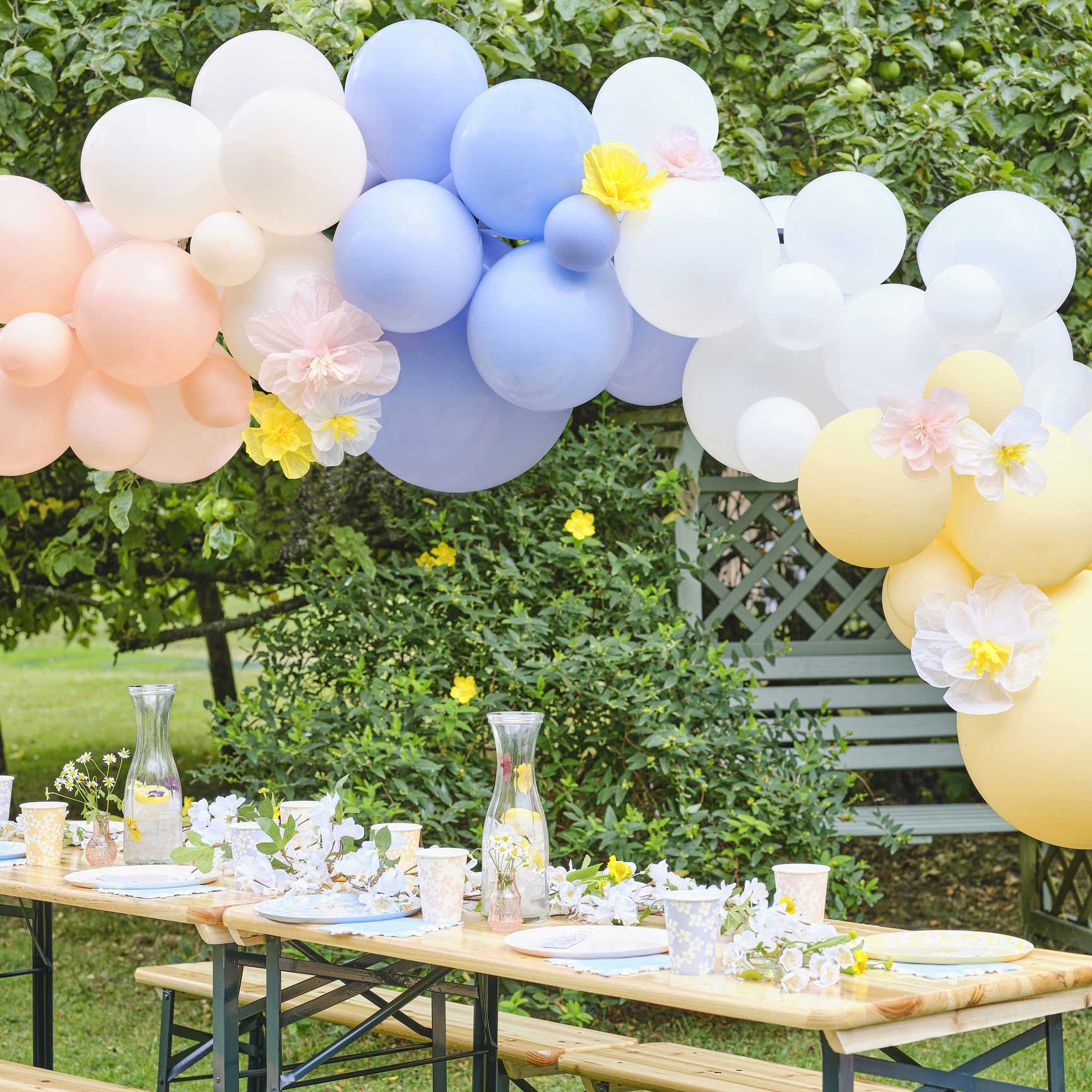 Pastel balloon arch with tissue paper flowers party decoration Australia