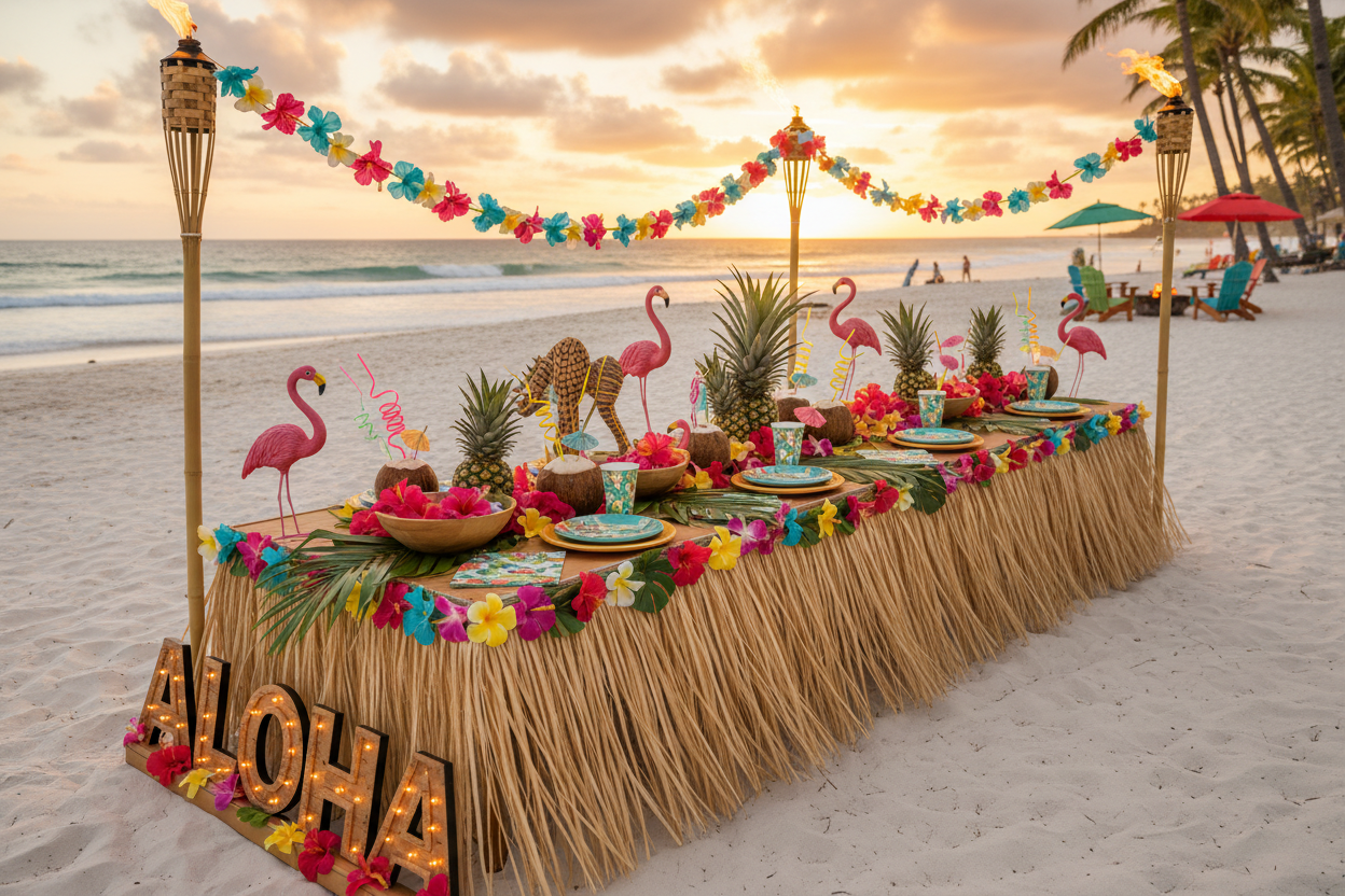 tropical/luau/beach party theme set up