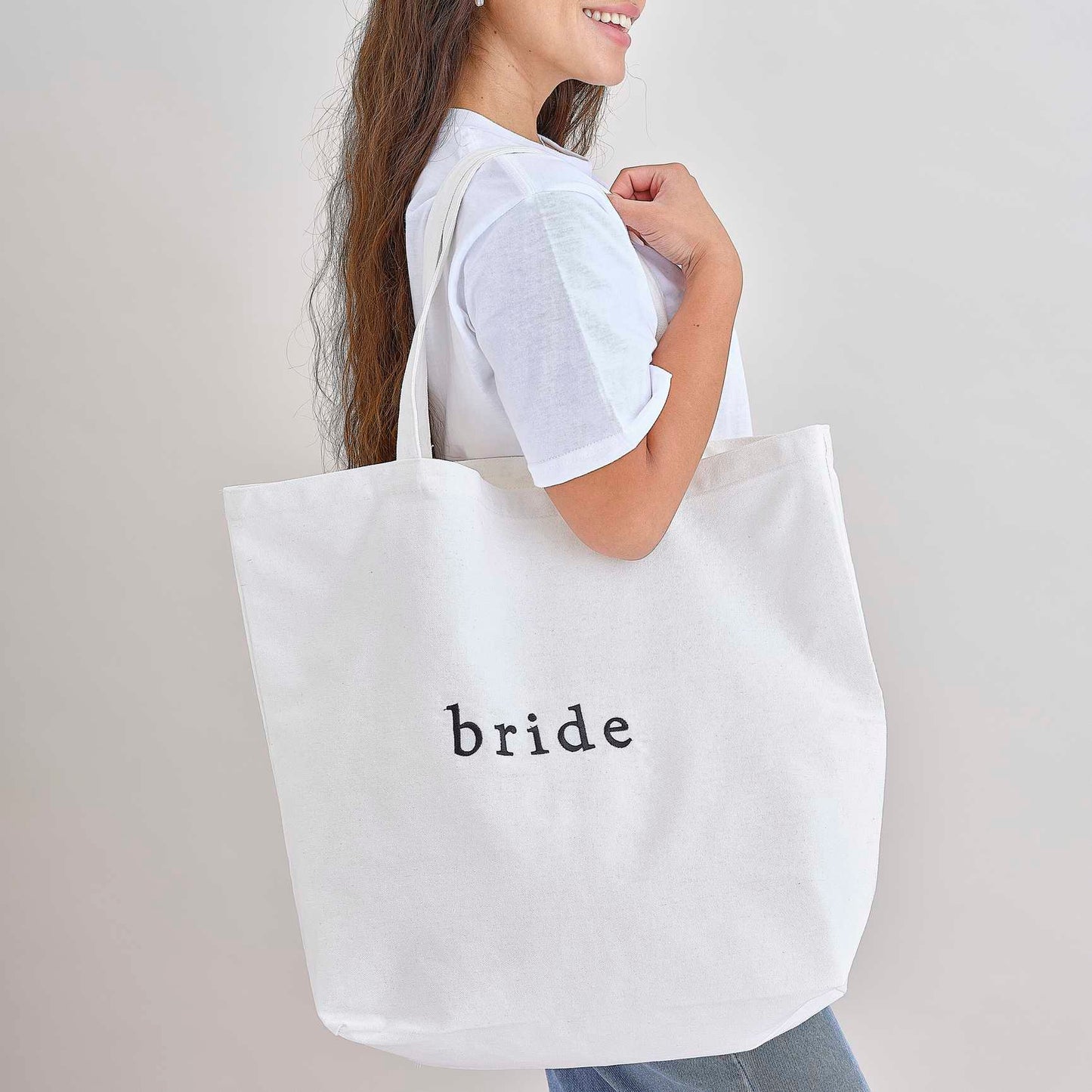 white canvas embroidered Bride tote bag wedding accessory