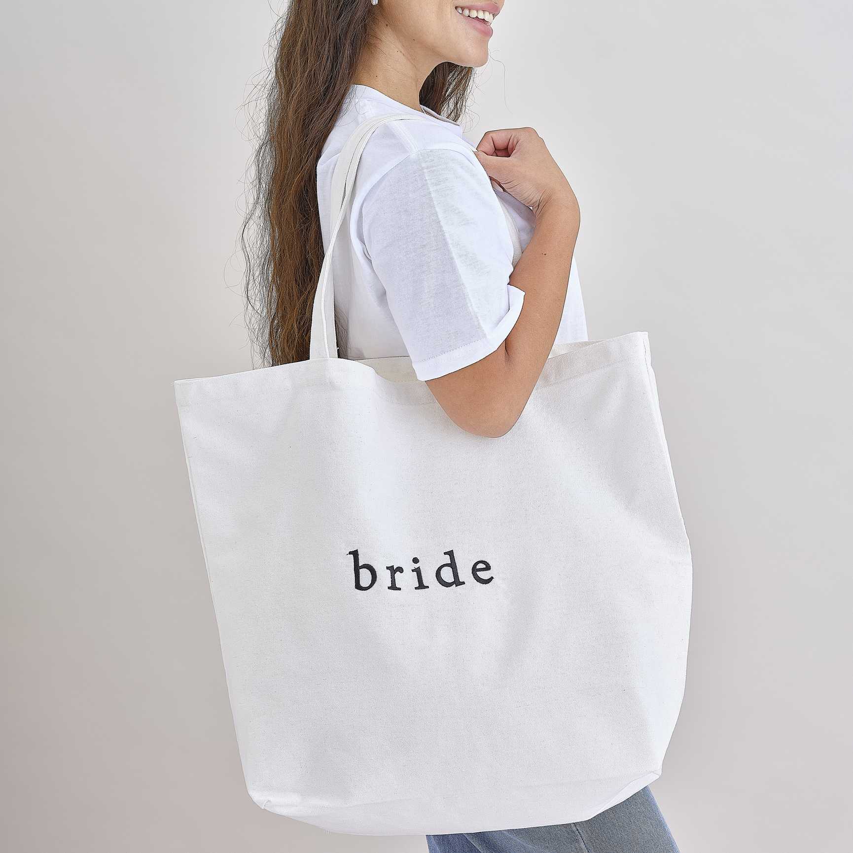 white canvas embroidered Bride tote bag wedding accessory