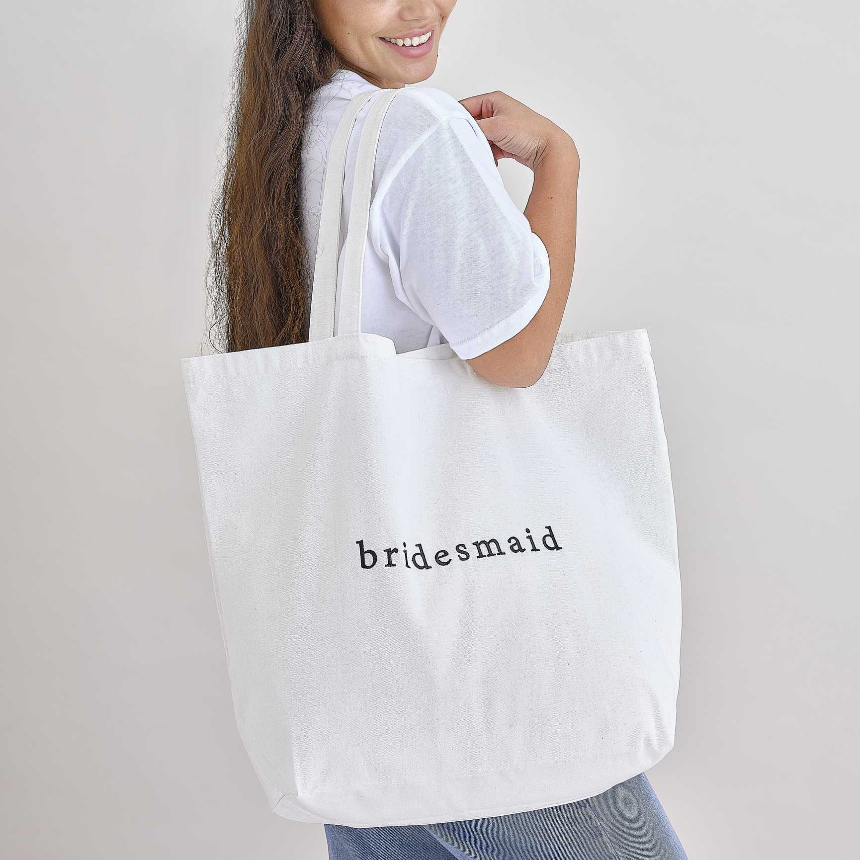 white canvas tote bag embroidered Bridesmaid for wedding party