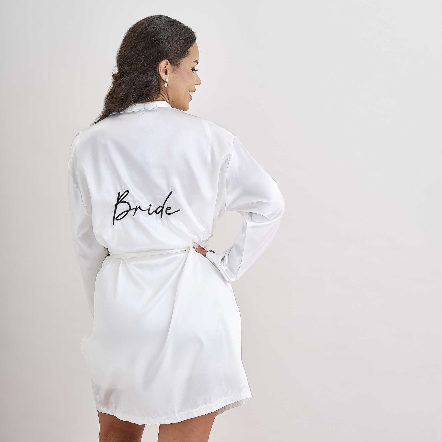 white “Bride” embroidered dressing gown robe for wedding morning prep