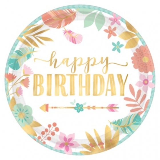 Small Boho Happy Birthday Paper Party Plates - party plates and tableware from Party & Pout Australia