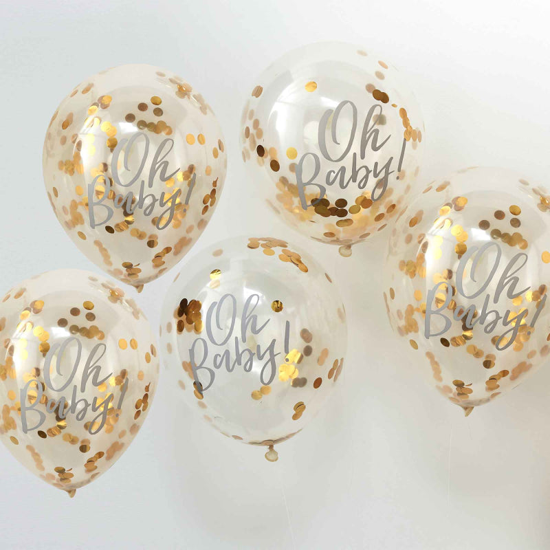 Oh Baby Gold Confetti Clear Baby Shower Balloons - party balloons and balloon decorations from Party & Pout Australia