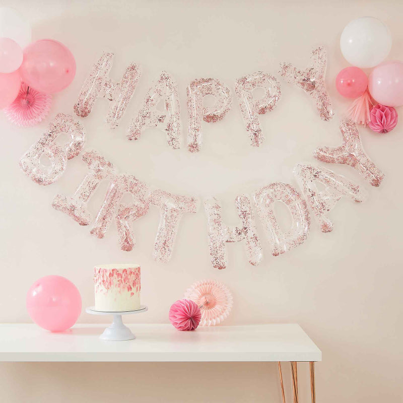 Clear Pink Confetti Happy Birthday Banner Party Balloons - party balloons and balloon decorations from Party & Pout Australia