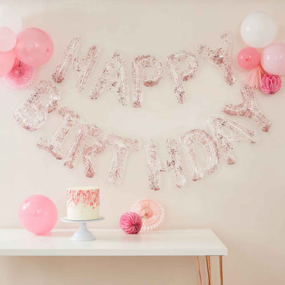 Clear Pink Confetti Happy Birthday Banner Party Balloons - party balloons and balloon decorations from Party & Pout Australia