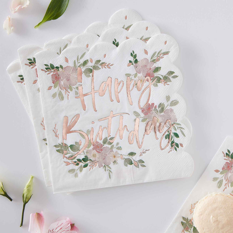 Ditsy Floral Greenery Flower Happy Birthday Napkin Serviettes - party napkins and serviettes from Party & Pout Australia