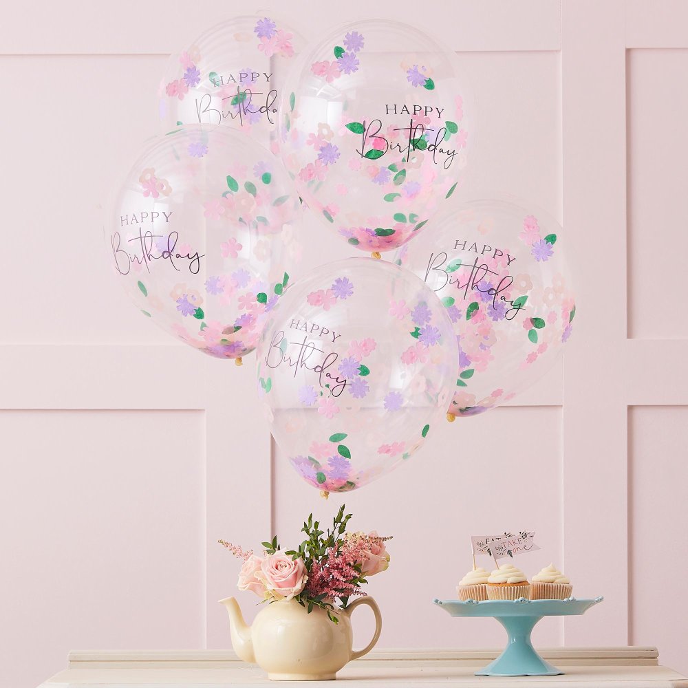 Let's Par Tea Floral Happy Birthday Confetti Balloons - party balloons and balloon decorations from Party & Pout Australia