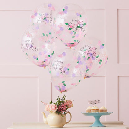 Let's Par Tea Floral Happy Birthday Confetti Balloons - party balloons and balloon decorations from Party & Pout Australia