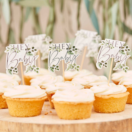 Hey Baby Greenery Botanical Cupcake Toppers - party cups and drinkware from Party & Pout Australia
