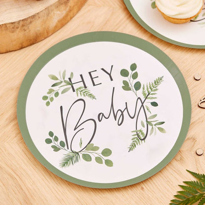 Hey Baby Greenery Baby Shower Paper Party Plates x 8 - party plates and tableware from Party & Pout Australia