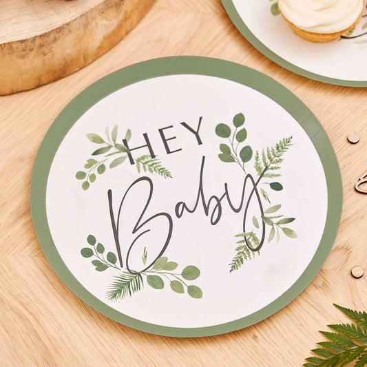 Hey Baby Greenery Baby Shower Paper Party Plates x 8 - party plates and tableware from Party & Pout Australia