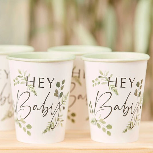 Greenery Hey Baby Botanical Paper Party Cup Pack 8 - party cups and drinkware from Party & Pout Australia