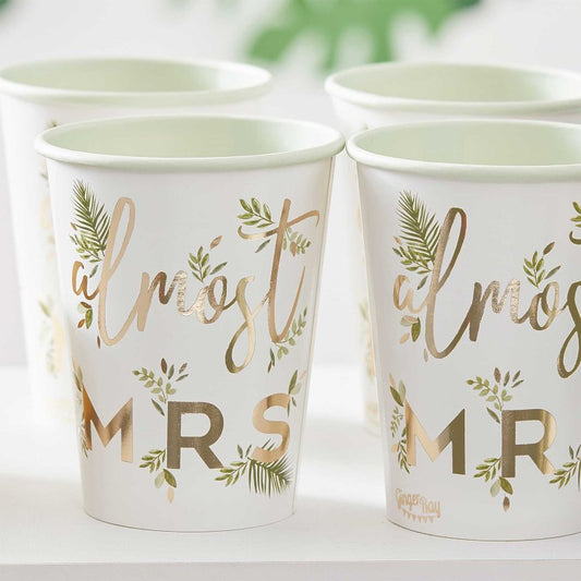 Greenery & Gold Almost Mrs Bridal Shower Paper Party Cups - party cups and drinkware from Party & Pout Australia