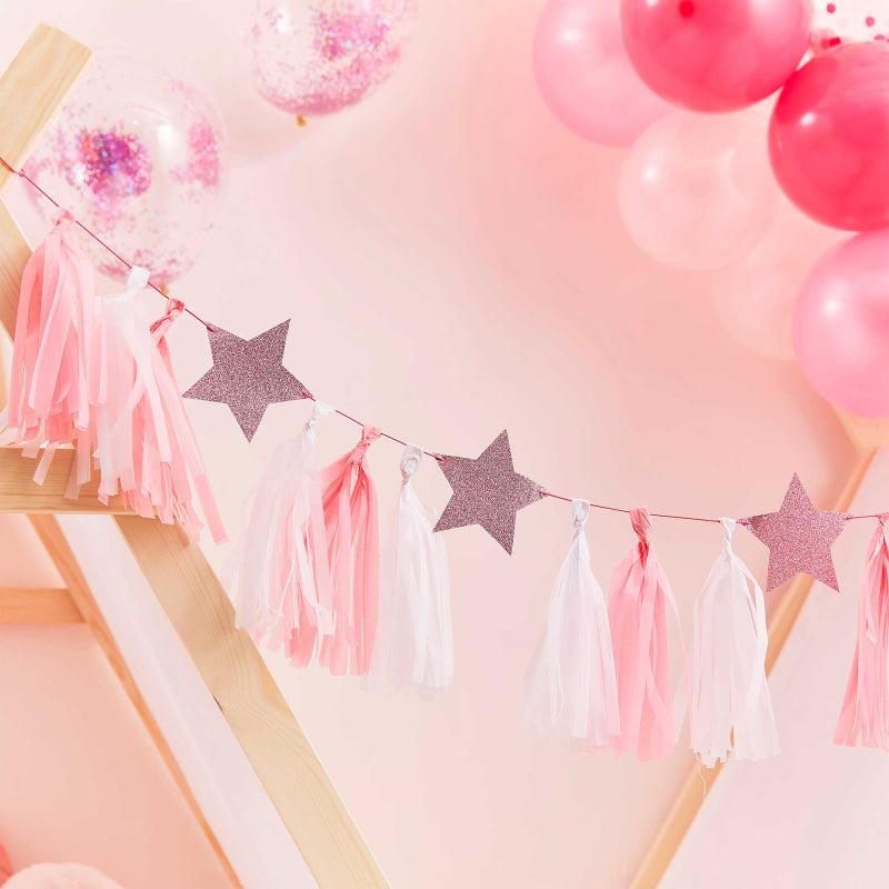 pink tassel garland with pink glitter stars 2m party décor australia