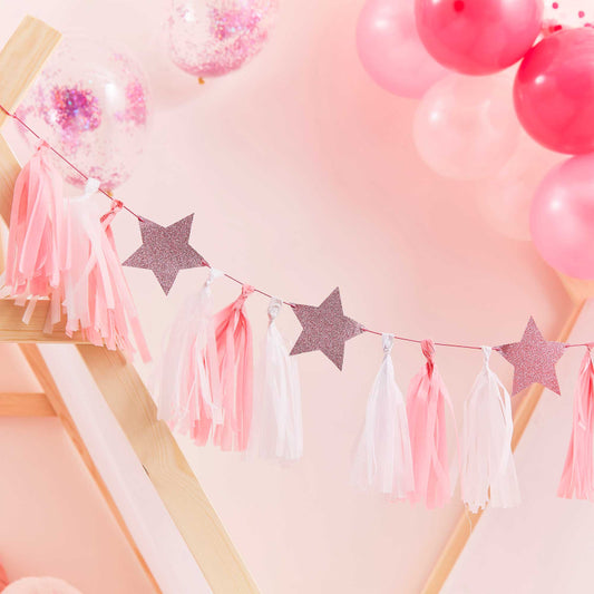 pink tassel garland with pink glitter stars 2m party décor australia
