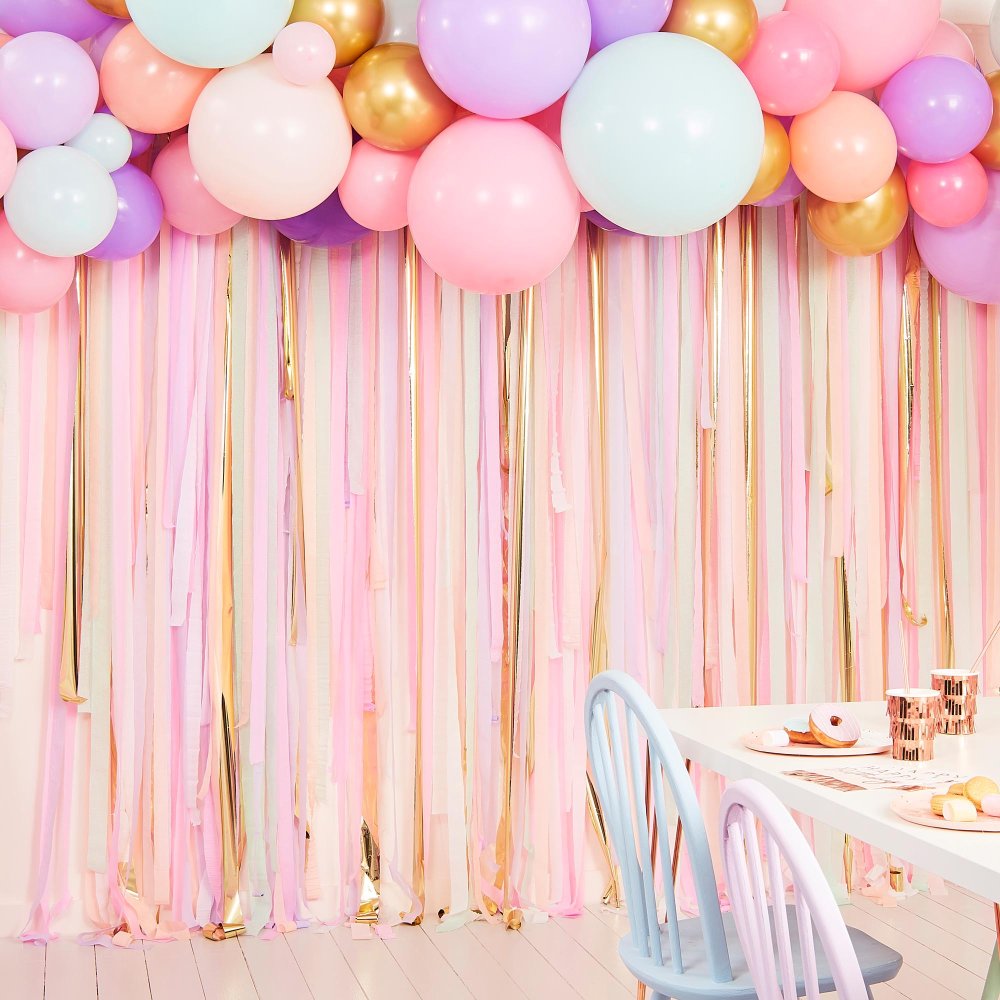 Pastel Rainbow and gold Balloon Garland & Streamer Backdrop Kit - balloon garlands and arches from Party & Pout Australia