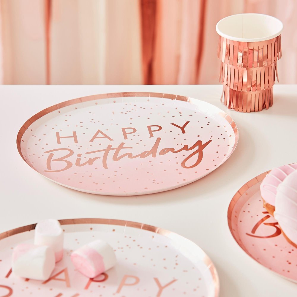 Pink & Rose Gold Happy Birthday Paper Party Plates - party plates and tableware from Party & Pout Australia