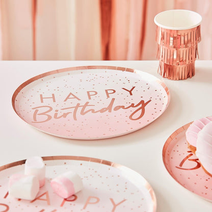 Pink & Rose Gold Happy Birthday Paper Party Plates - party plates and tableware from Party & Pout Australia