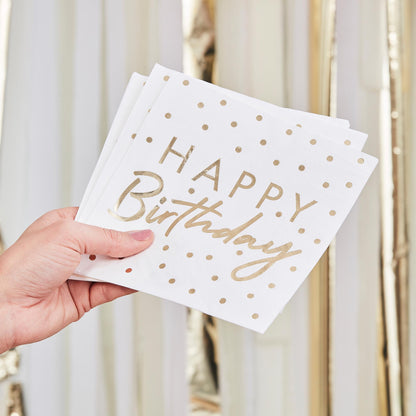 White & Gold Happy Birthday Party Napkin Serviettes - party napkins and serviettes from Party & Pout Australia