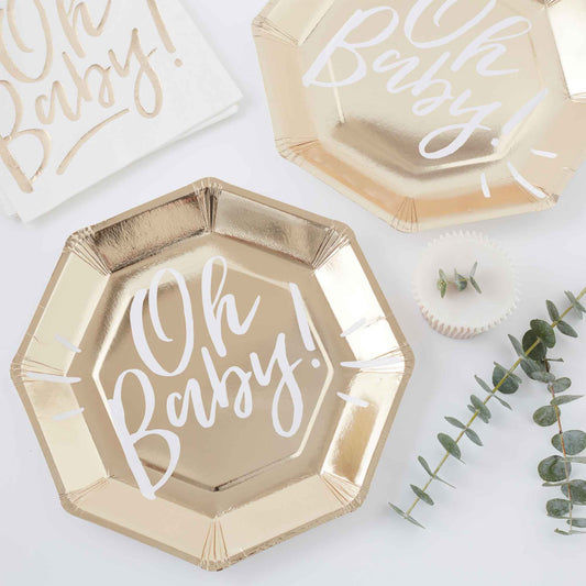 White & Gold Oh Baby Gender Reveal Baby Shower Paper Party Plates - party plates and tableware from Party & Pout Australia