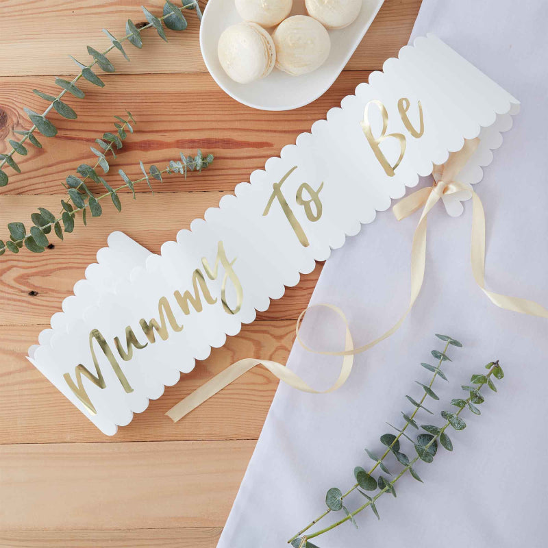 White & Gold Mummy To Be Baby Shower Gender Reveal Sash - party supplies and decorations from Party & Pout Australia