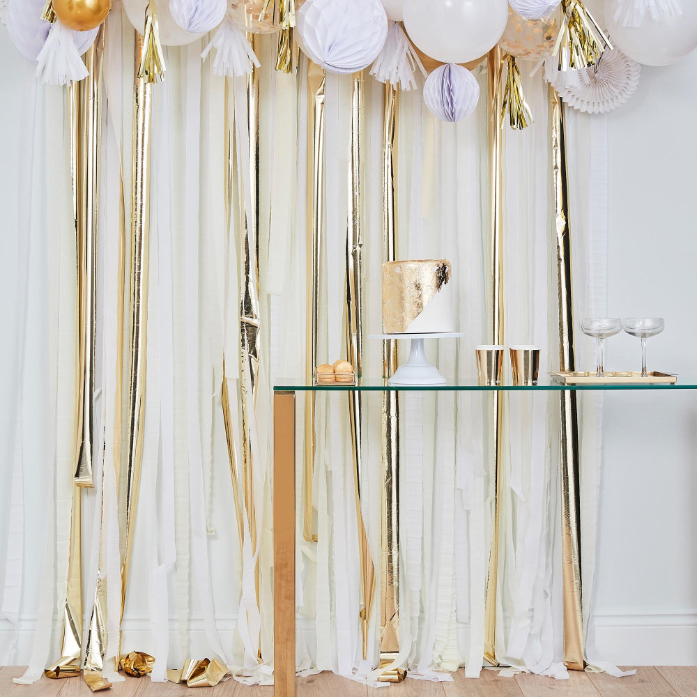 White & Gold Hanging Streamer Party Backdrop - party supplies and decorations from Party & Pout Australia