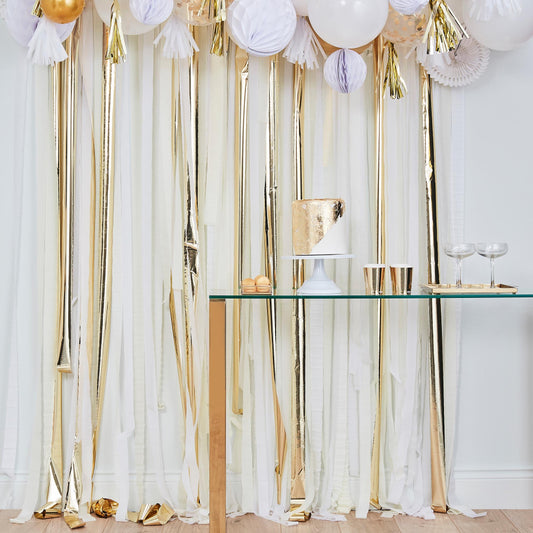White & Gold Hanging Streamer Party Backdrop - party supplies and decorations from Party & Pout Australia