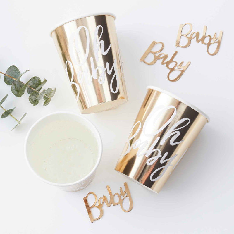White & Gold Oh Baby Baby Shower Paper Party Cups - party cups and drinkware from Party & Pout Australia